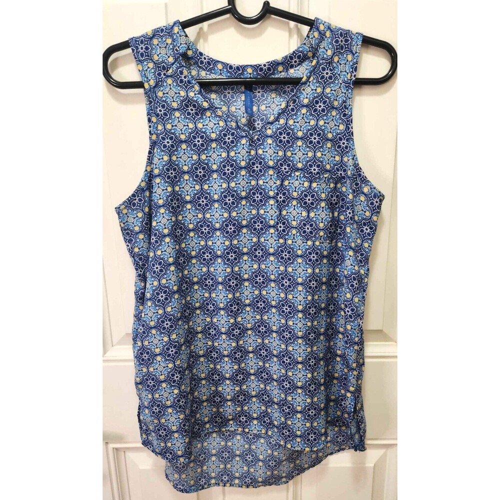 Sleeveless Blue Floral Blouse Tank Front Pocket Womens Size Medium
